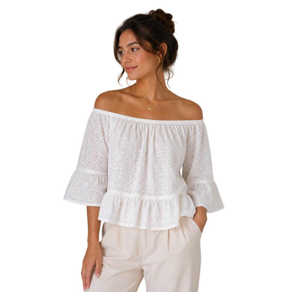 ADIVA White Eyelet Embroidered Off Shoulder Peasant Blouse Top Women’s M NWT - Picture 1 of 8